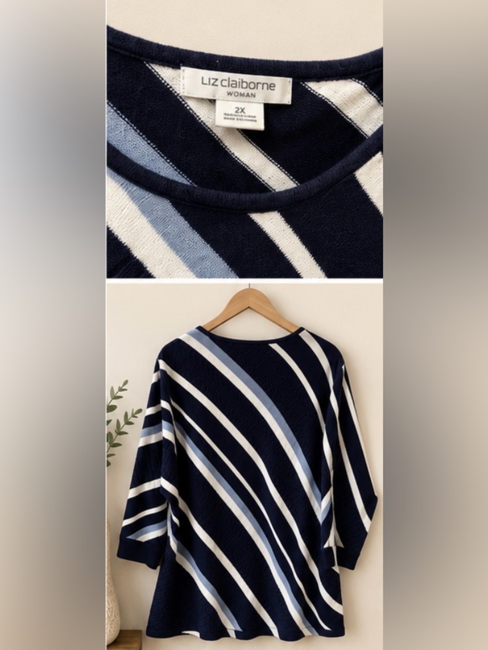 Liz Claiborne Diagonal Striped Knit Top in Navy, White & Light Blue - Picture 2 of 3
